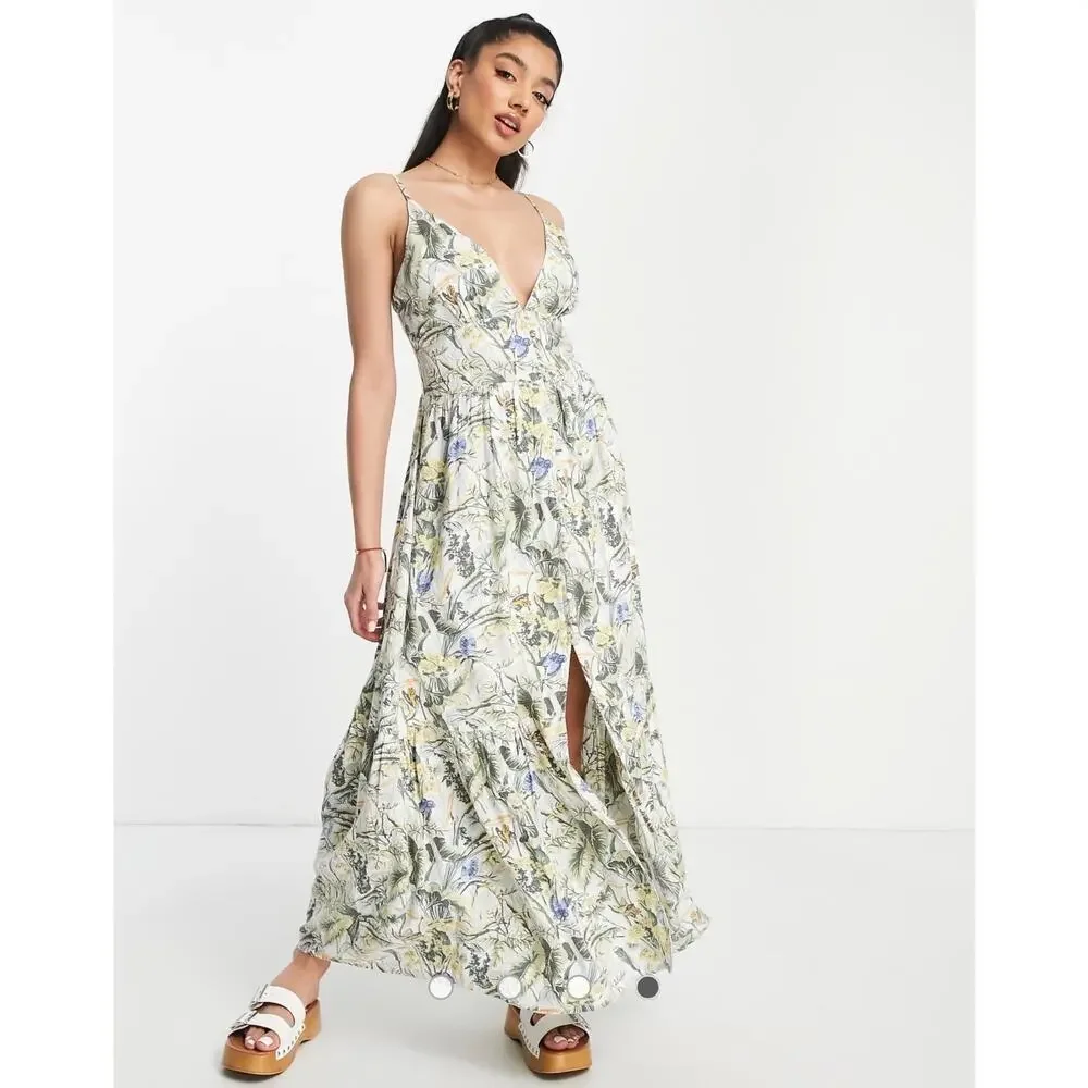 Abercrombie & Fitch Plunge Linen Blend Maxi Dress in Tropical Print, XS